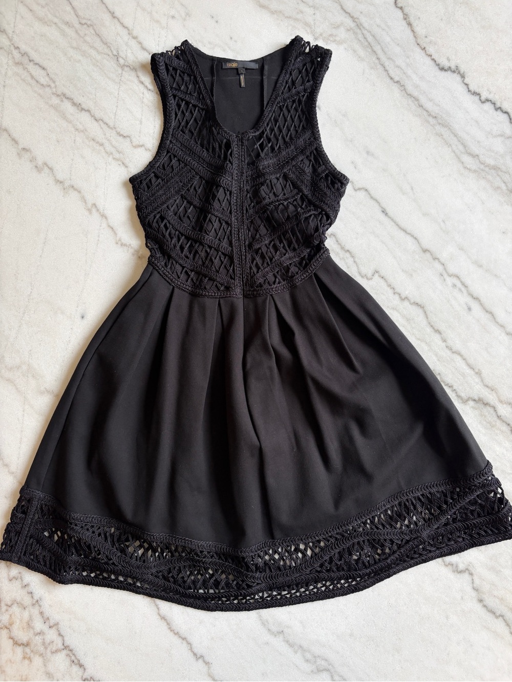 Maje Black Crochet Bodice Fit and Flare Mini Dress - XS